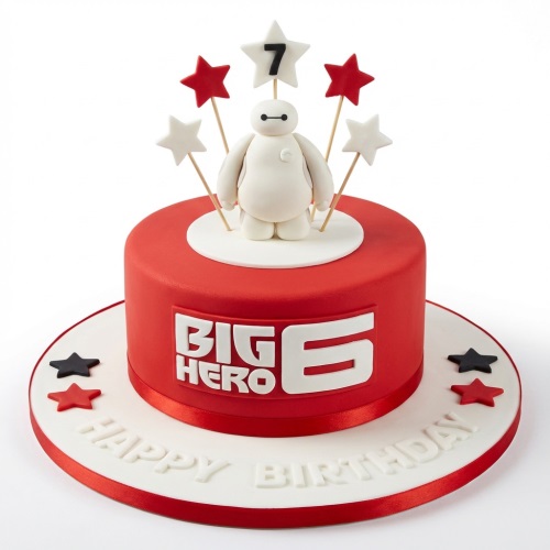 Red Big Hero 6 Baymax birthday cake with star toppers and custom age number.