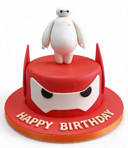 Red round Baymax birthday cake with a 3D Baymax figure and mask design.