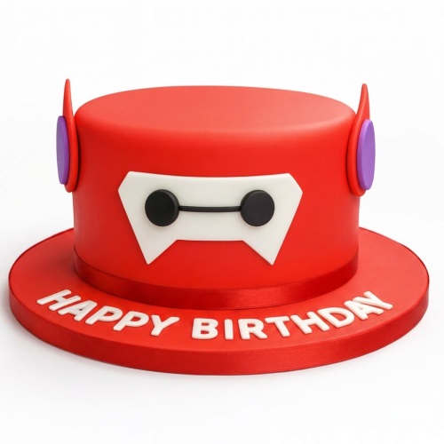 Round red fondant cake decorated with Baymax's white and black face, with 'Happy Birthday' written on the board.