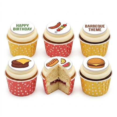 Six cupcakes with white frosting and barbecue themed edible toppers in red and yellow polka dot cases.