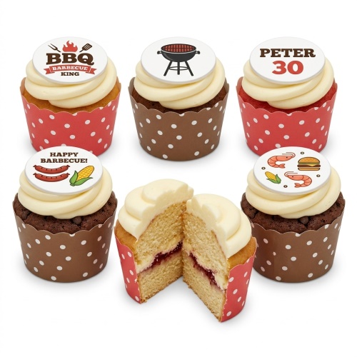 Cupcakes with white frosting and BBQ theme toppers, including a grill and sausages, with custom age option.