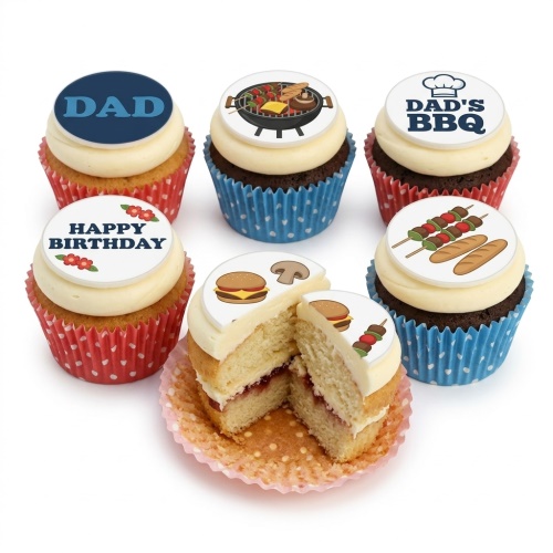 BBQ themed birthday cupcakes with grill, skewers, burger, and 'DAD' toppers