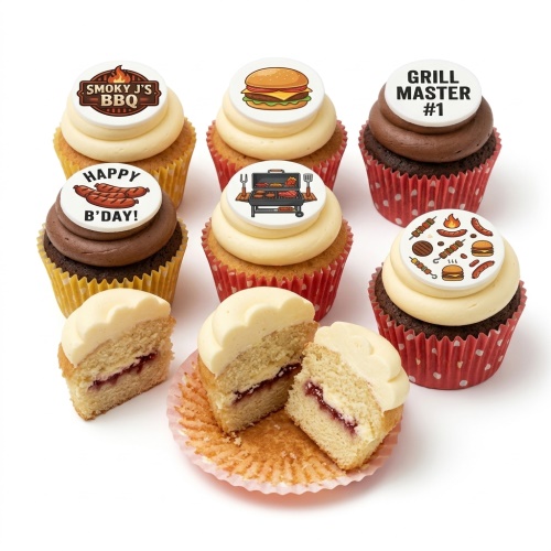 Cupcakes with BBQ and Grill Master themed edible toppers, including burgers, sausages, and a grill.