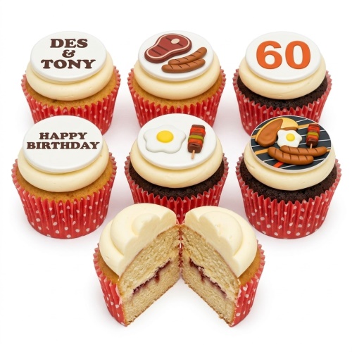 BBQ themed cupcakes with grill, steak, sausages, fried egg, and custom age topper.