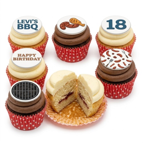 Assortment of BBQ theme birthday cupcakes with edible grill, sausage, and custom age toppers.