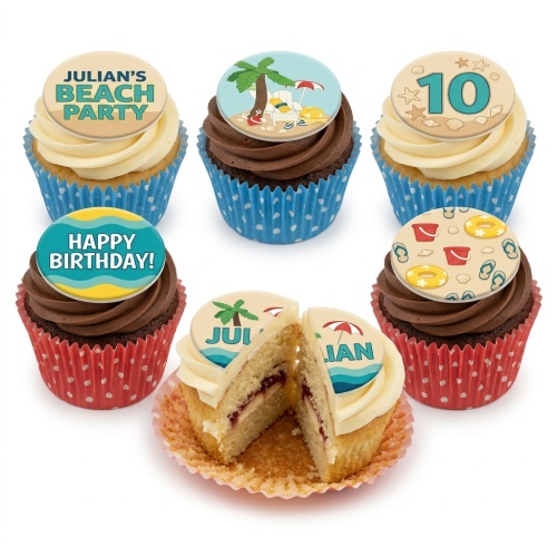 Assortment of beach theme cupcakes with edible toppers featuring palm trees, beach items, and a custom age number.