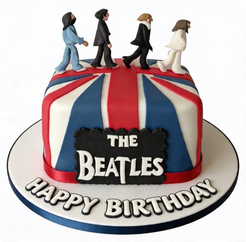Square The Beatles Abbey Road birthday cake with edible band figures and Union Jack flag design.
