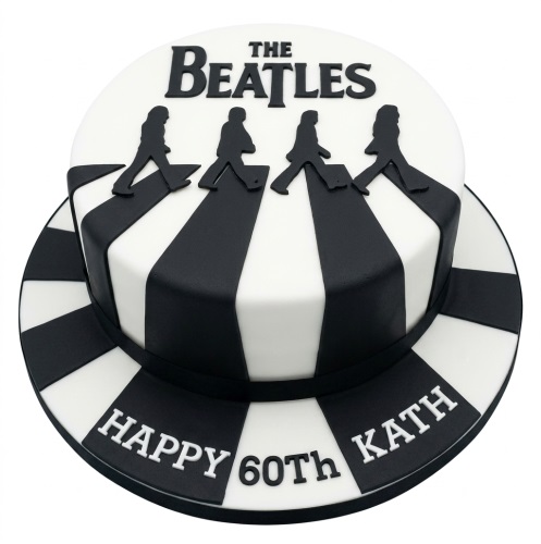 Black and white Beatles Abbey Road themed birthday cake with band silhouettes and customisable message.