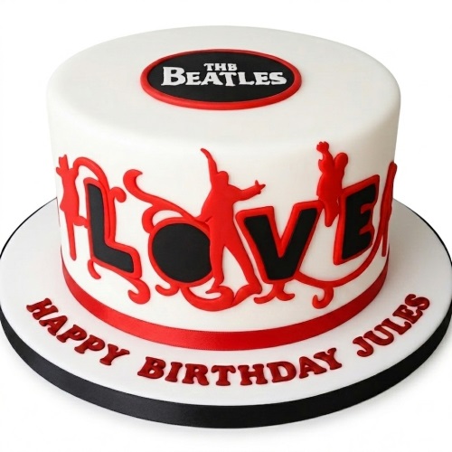 White round cake with red and black Beatles Love theme and band logo for a birthday.