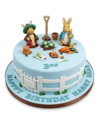 Round light blue Peter Rabbit themed birthday cake with edible bunny figures, garden vegetables, a white fence, and a custom age topper.