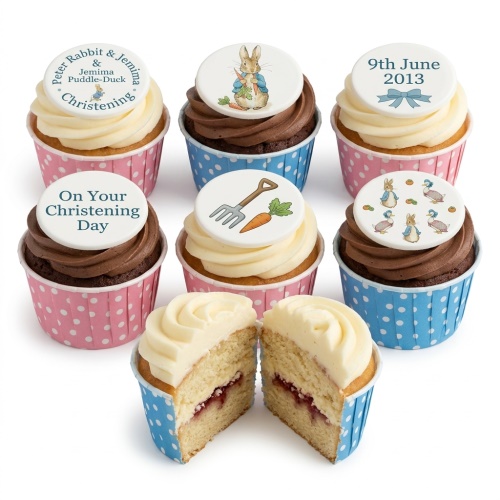 Peter Rabbit and Jemima Puddle-Duck Christening cupcakes with custom toppers, vanilla and chocolate.