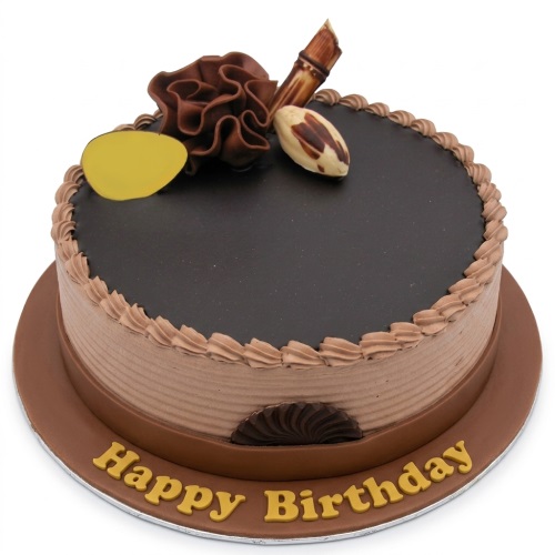Round chocolate birthday cake with dark and light brown frosting, chocolate decorations, and yellow 'Happy Birthday' message.