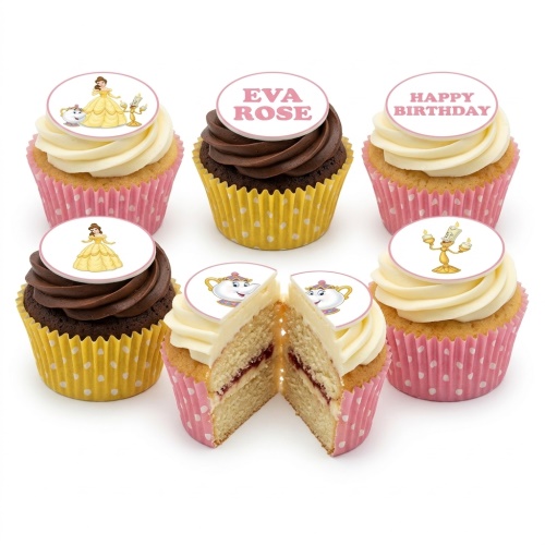 Six Disney Princess Beauty and the Beast cupcakes with Belle, Mrs. Potts, and Lumiere toppers.