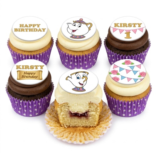 Beauty and the Beast themed cupcakes with Mrs. Potts and Chip toppers, custom age, and personalised message.