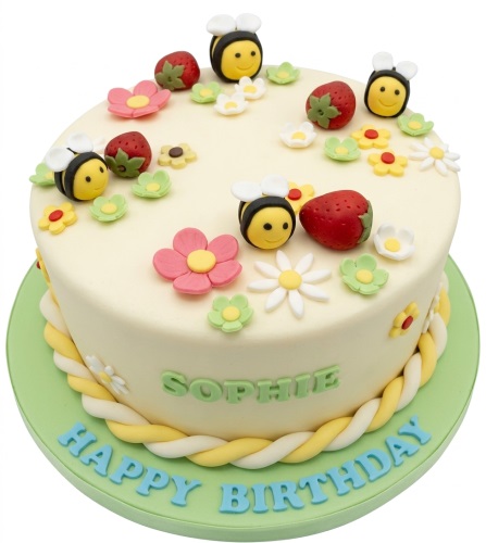 Round cream birthday cake with fondant bees, strawberries, and colourful flowers. Features a custom name and 'Happy Birthday' message.