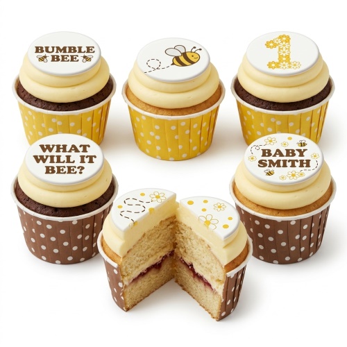 Bumble bee themed cupcakes with yellow and brown polka dot wrappers, featuring bee and floral designs, and custom message toppers.