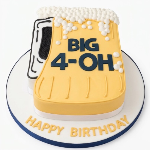 Yellow beer mug birthday cake with white foam and "BIG 4-OH" text on a white board with "Happy Birthday".