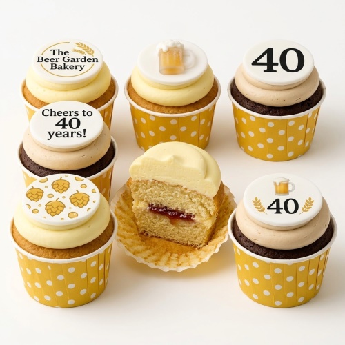 Set of beer theme birthday cupcakes with beer mug and hops toppers, some with custom age numbers.