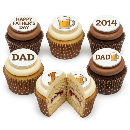 Six cupcakes with white edible toppers. Some toppers say "Happy Father's Day" or "DAD", others show a beer mug. One cupcake is cut in half revealing jam filling.