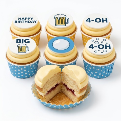 Six birthday cupcakes with yellow frosting and white toppers. Toppers feature beer mugs, "Happy Birthday", "Big", and "4-OH" text. One cupcake is cut open.