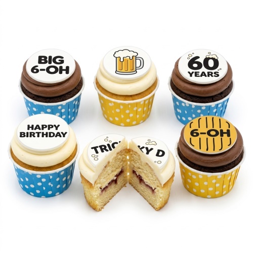 60th birthday cupcakes with 'BIG 6-OH', '60 YEARS' toppers, and a beer mug design.