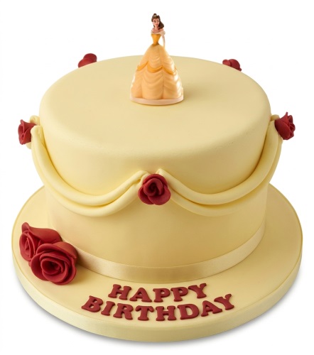 Two-tier pale yellow Disney Princess Belle birthday cake with red roses and a Belle figurine topper.
