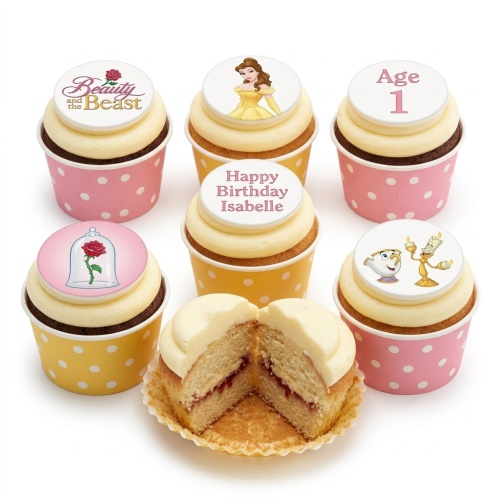Beauty and the Beast themed cupcakes with Belle, enchanted rose, Cogsworth, Lumiere, custom age, and personalised message toppers.