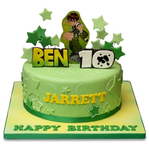 Round green Ben 10 themed birthday cake with character cutout, "BEN 10" logo, and green stars.
