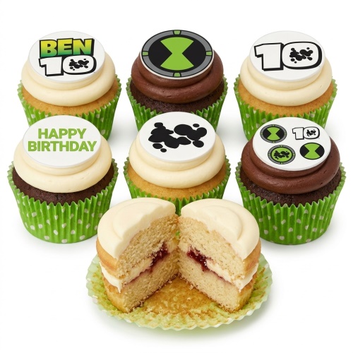 Ben 10 themed birthday cupcakes with green wrappers and edible toppers.