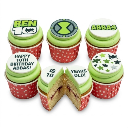 Green Ben 10 themed cupcakes with Omnitrix and star decorations, custom age and name toppers.
