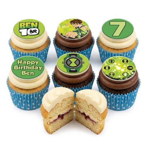 Six Ben 10 themed cupcakes with green and white toppers, some with Ben 10 character and logo, one with custom age 7, and one with 'Happy Birthday Ben' message.