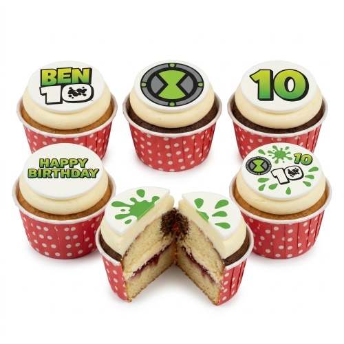 Ben 10 themed birthday cupcakes with green splatters and "Happy Birthday" message