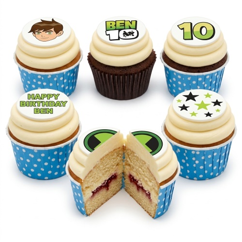 Ben 10 themed cupcakes with character, logo, Omnitrix, and custom age toppers on white frosting.