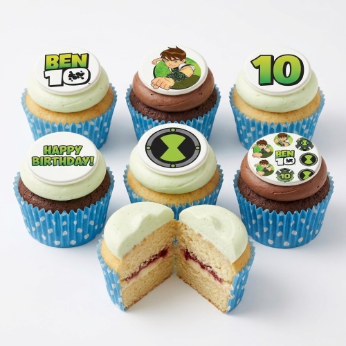 Ben 10 themed birthday cupcakes with character and Omnitrix edible toppers on green and brown frosting.