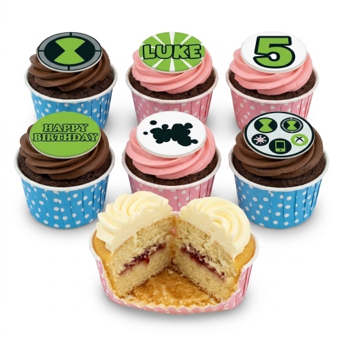 Ben 10 themed birthday cupcakes with various character, 'Happy Birthday', and custom age toppers.