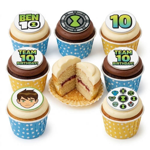 Ben 10 themed birthday cupcakes with character and Omnitrix edible toppers in blue and yellow cases.