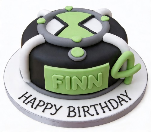 Round Ben 10 Omnitrix birthday cake with black, green, grey, and white fondant, featuring a custom name and age.
