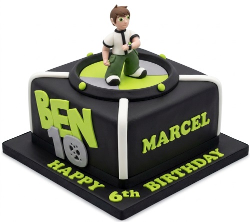 Ben 10 themed square birthday cake with character figurine and custom age option.