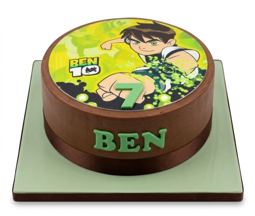 Round chocolate cake with Ben 10 edible image, green custom age number, and personalised name.