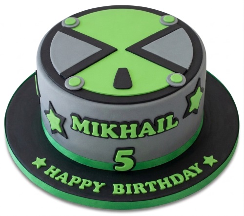 Round Ben 10 themed birthday cake with Omnitrix design, green stars, and custom name and age.