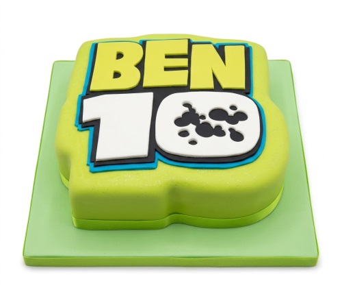 Ben 10 themed birthday cake for kids with green, black, and yellow logo.