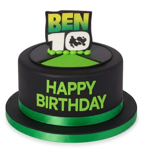 Round black Ben 10 birthday cake with green and yellow logo topper and green ribbon.