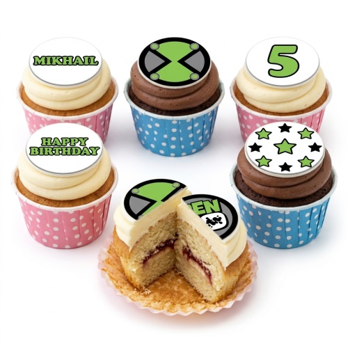 Ben 10 themed cupcakes with Omnitrix toppers, stars, and custom age and name examples.