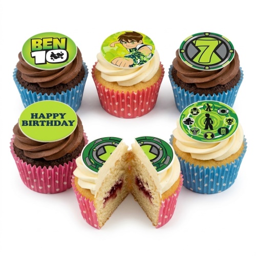 Ben 10 themed cupcakes with character toppers, Omnitrix symbols, and "Happy Birthday" message.