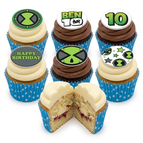 Ben 10 themed birthday cupcakes with green and black toppers, some with Ben 10 logo and 'Happy Birthday' message.