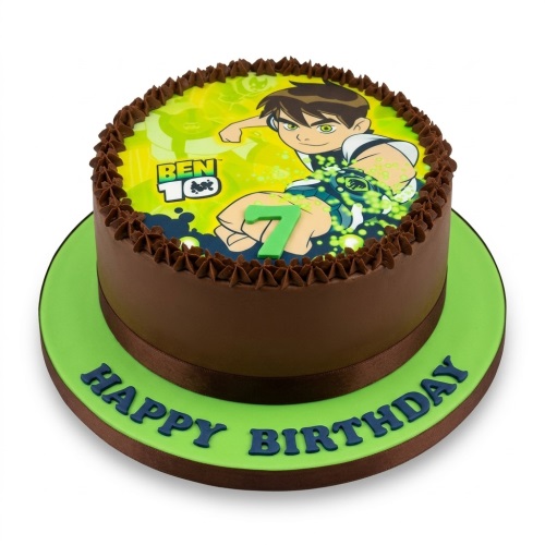 Round Ben 10 birthday cake with chocolate frosting, green Ben 10 edible image, custom age topper, and 'Happy Birthday' message.