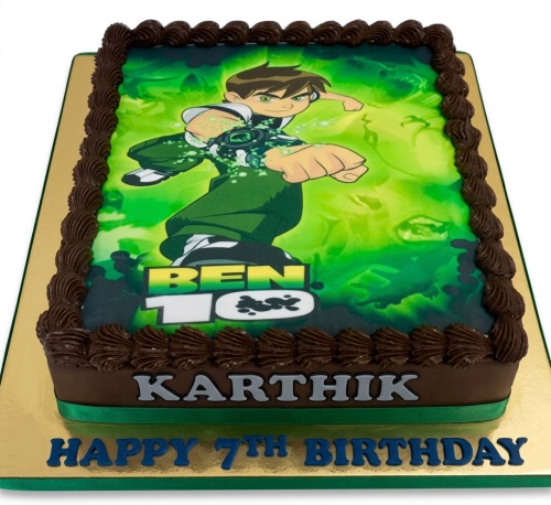 Rectangular Ben 10 birthday cake with green edible image and chocolate frosting border.