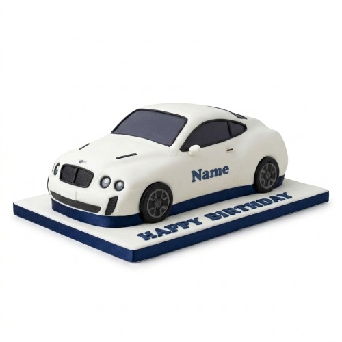 White luxury sports car shaped birthday cake with blue trim and 'Happy Birthday' message.