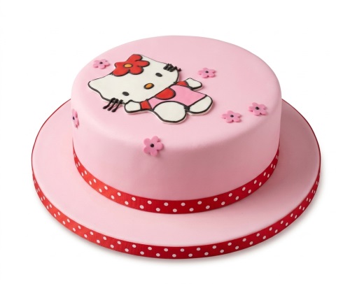 Pink round birthday cake with Hello Kitty character and small pink flowers on top, with a red polka dot ribbon.