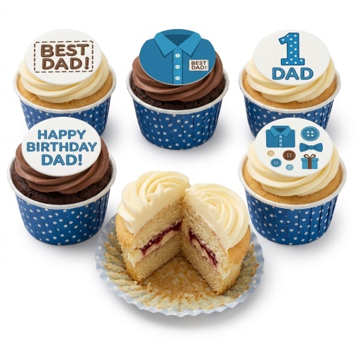 Six cupcakes with blue and white polka dot cases, some with chocolate frosting and some with vanilla. Toppers include "BEST DAD!", "HAPPY BIRTHDAY DAD!", "1 DAD", a blue shirt, and a collection of buttons, bow tie, and gift box. One vanilla cupcake is cut in half, showing a jam filling.